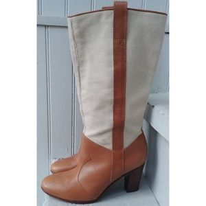 Vintage 90s LL Bean tall brown leather & canvas country thick heel boots 6.5